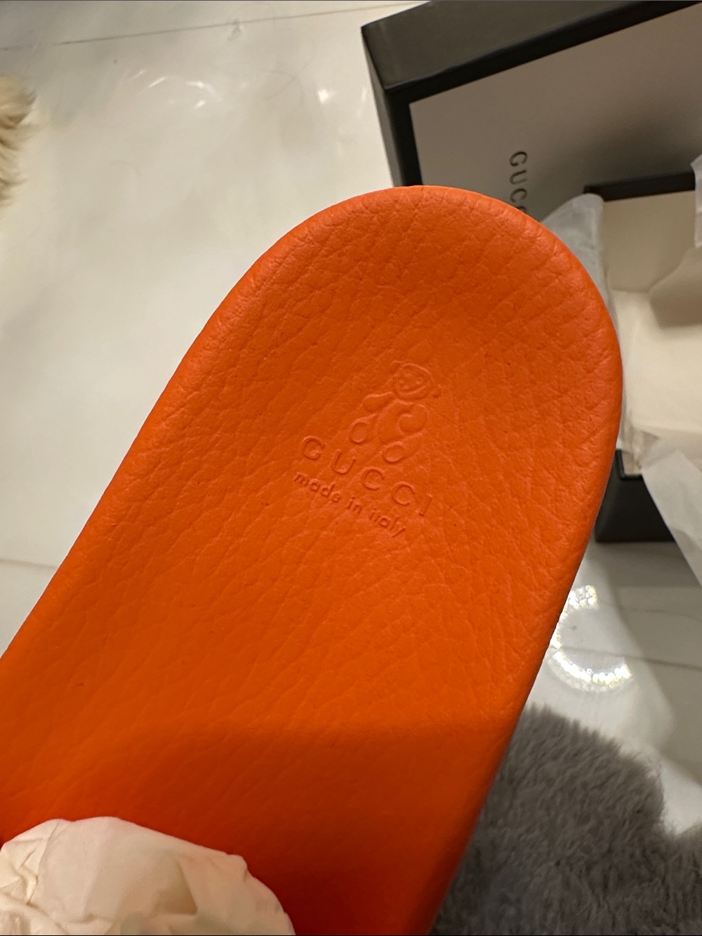 Gucci girls Orange Slides with Yellow & Pink Strawberry Print - Picture 3 of 8